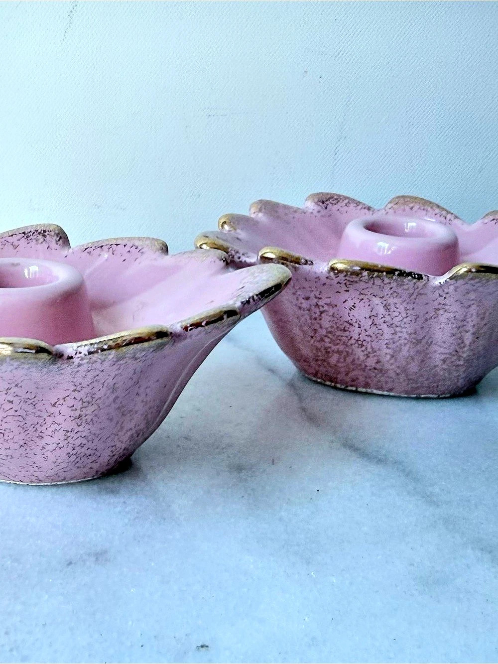 Vintage Mid-Century Pink & Gold Leaf Candle Holders - Set of 2 California Potter